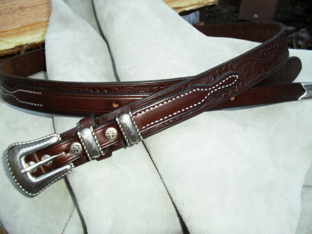 Hand Made Embossed English Bridle Leather Ranger Belt Western Buckle Set